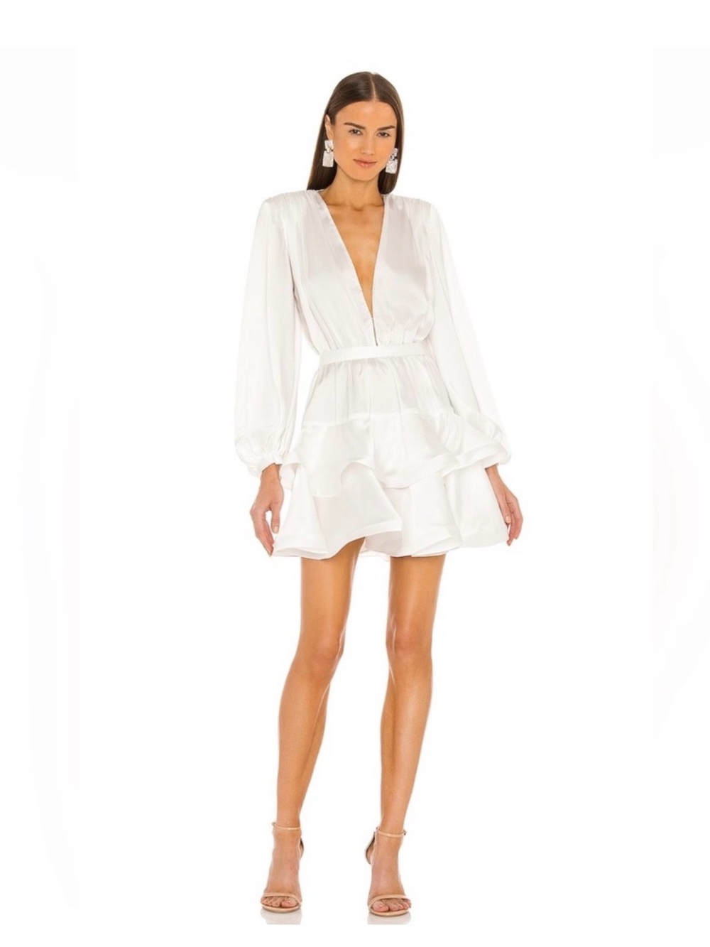 Bronx and Banco White Plunging V-Neck Ruffle Mini Dress